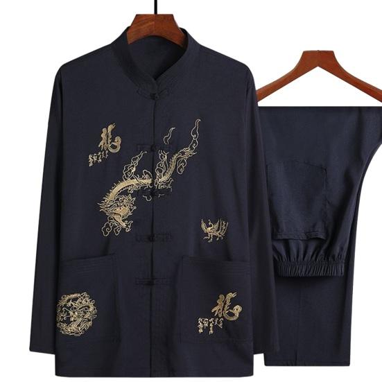 2Pcs/Set Chinese Traditional Clothing Set Men Stand Collar Disc Buckle Long Sleeve Tops Elastic Waist Wide Leg Long Pants Set Tai Chi Uniform