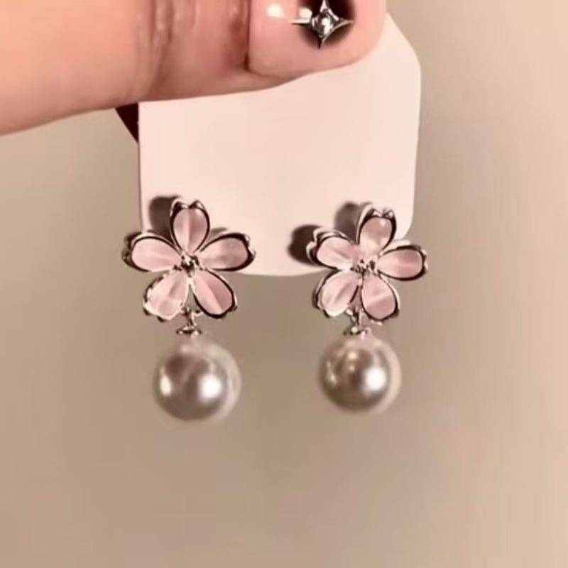 Silver Needle Pink Flower Tassel Pearl Earrings Women's New Popular Spring Temperament Earrings Premium Earrings