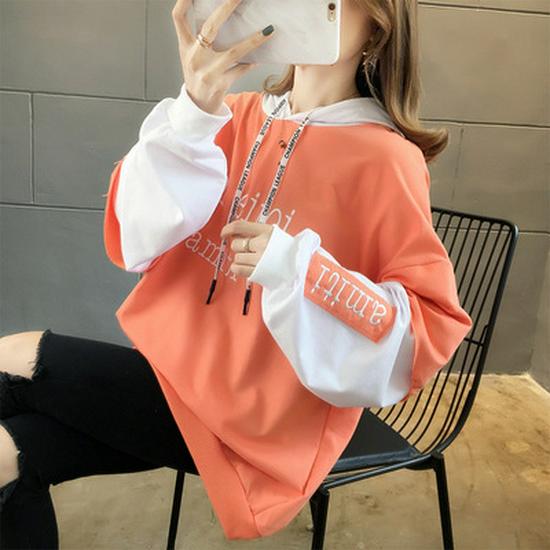 

Вишита жіноча худі приталеного крою - Весняно-осінній корейський стиль, Скомбінована, З довгим рукавом, Вільного крою, Дизайн імітації двох предметів 2XL помаранчевий