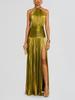 European and American Women's Metallic Pleated Slit Halter Dress 8155 - Sleeveless & Backless