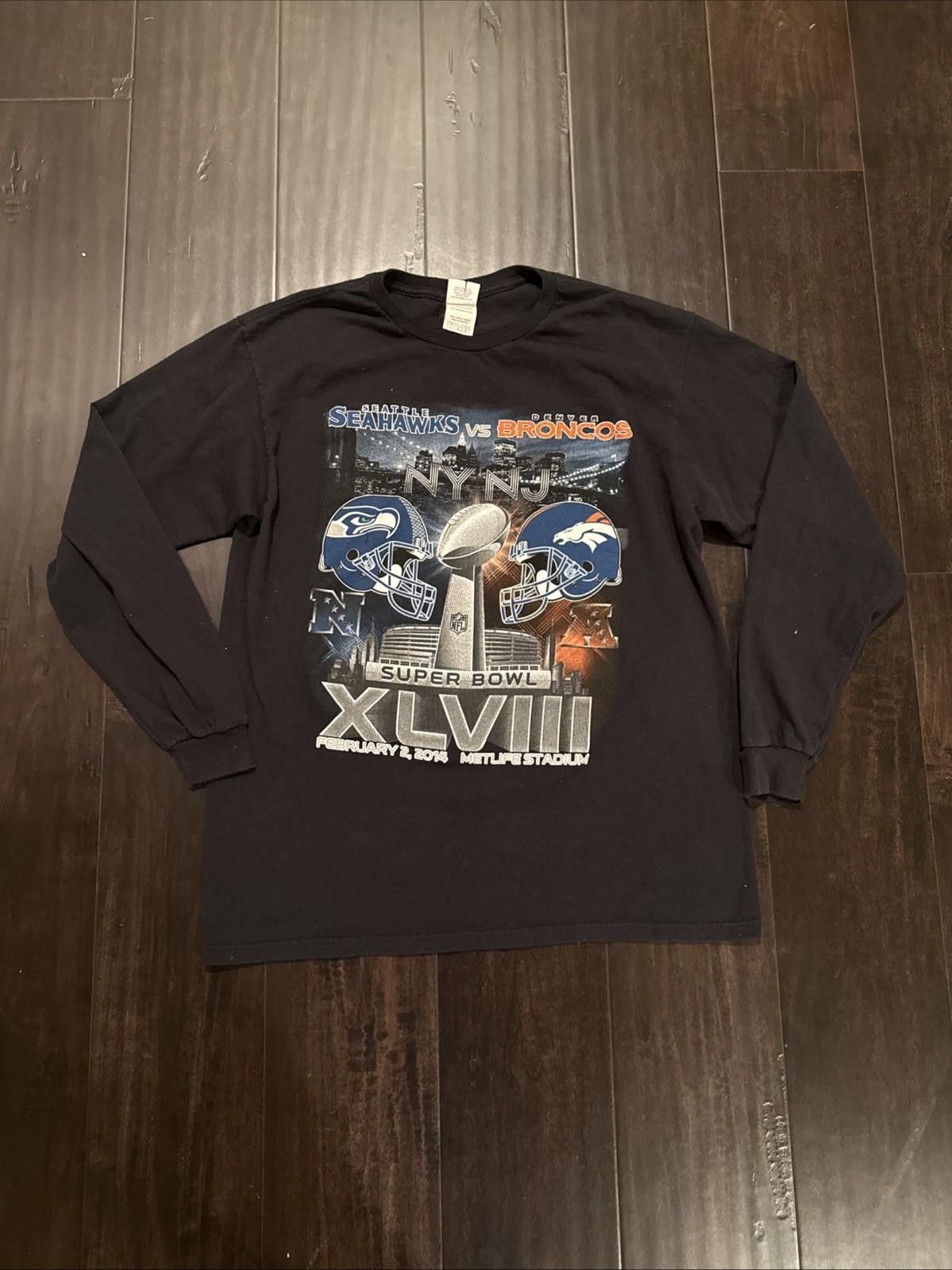 NFL Super Bowl XLVIII Seahawks vs Broncos Adult Large Black T-Shirt XXL