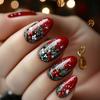 24Pcs Red Glitter Christmas Leaf Pattern Short Oval Press On Nails Fake Nail Tips Set