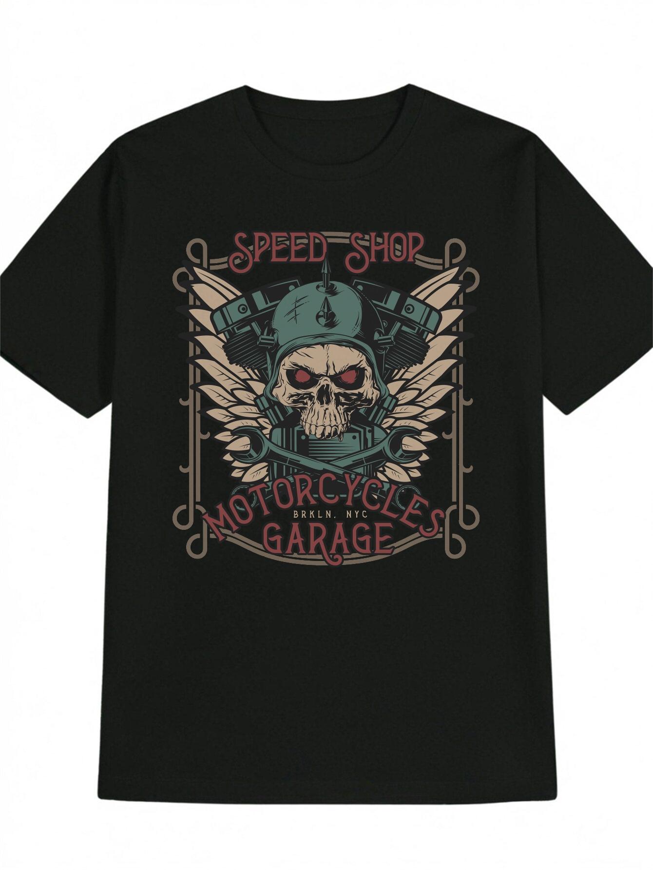 Casual Skull Helmet Graphic T-shirt - Speed Shop Motorcycles Garage Design XXL