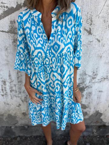 European And American Style Women'S Clothing, Spring And Summer New Four-Sided Elastic Casual V-Neck Printed Pleated Women'S Dress