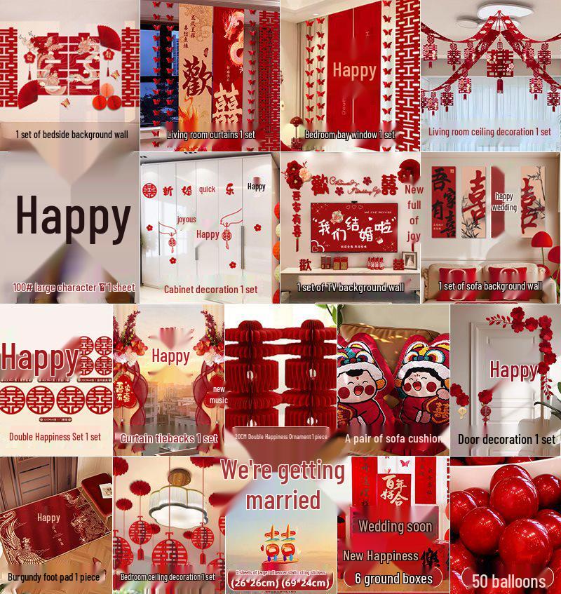 Complete Wedding Room Decoration Set: Bride & Groom's Bedroom with Double Happiness Theme
