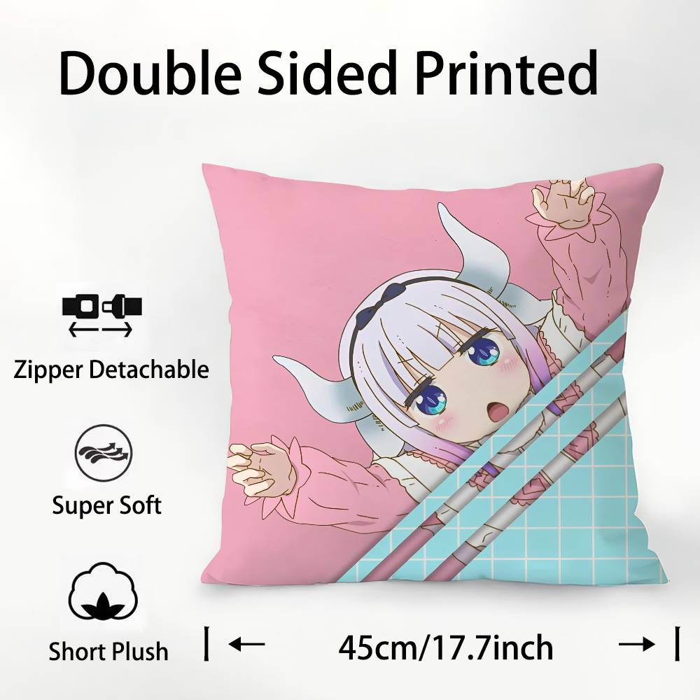 Anime Miss Kobayashis Dragon Kobayashi Kanna Pillow Case Square Double‑Sided Print Cushion Case For Sofa Home Bedchamber Decor