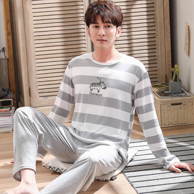 Spring and Autumn Long-Sleeved Long Pants Men's Pajamas Homewear Loose Casual Striped Nightwear Large Size Sleepwear Loungewear