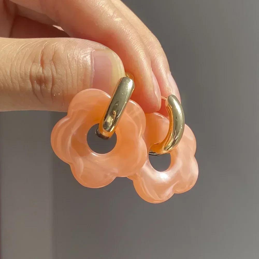 Candy Color Fashion Girl's Transparent Acrylic Resin Marbling Flower Earrings Gold Color Hoop Earings Jewelry Accessories Gifts
