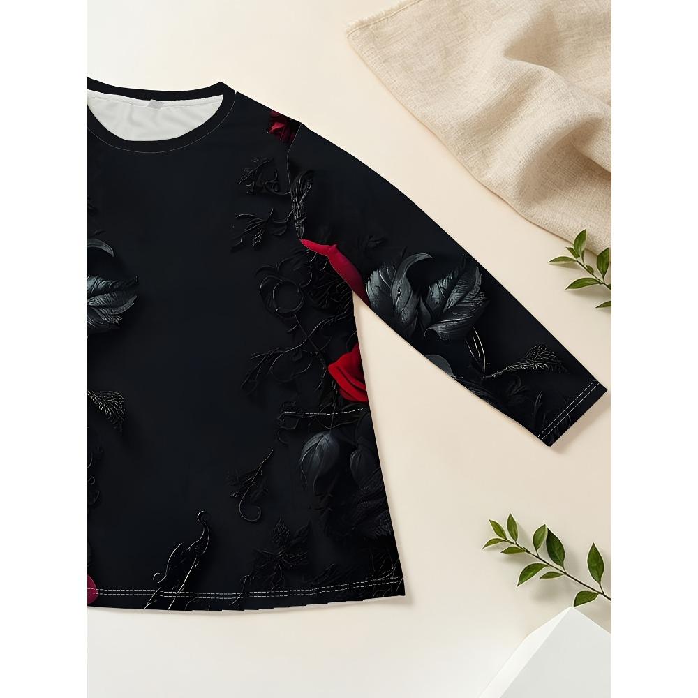 Ladies Plus Size with Pocket Design Black Rose Print Long Sleeve Loose Top, Fashion Versatile T-Shirt
