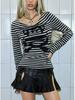 2026 Retro Skull Print Striped Long Sleeve Y2K Fashion Top for Women