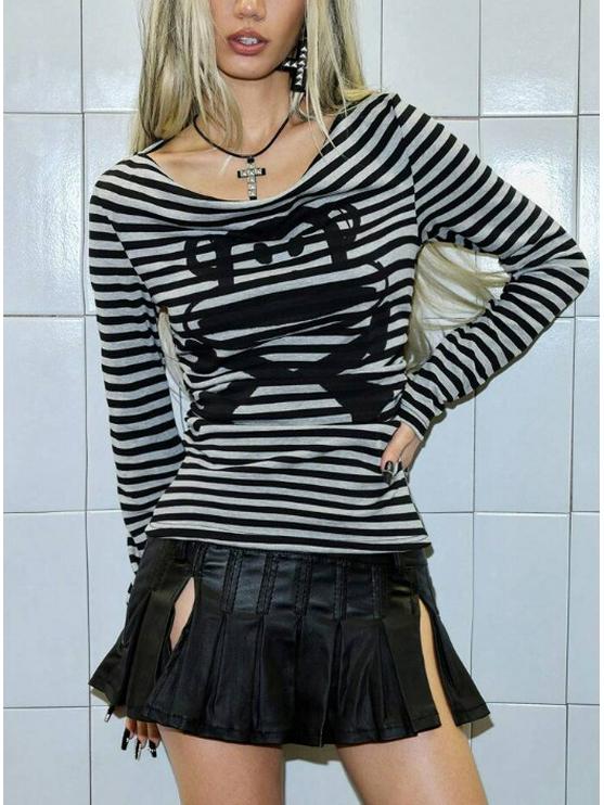 2026 Retro Skull Print Striped Long Sleeve Y2K Fashion Top for Women