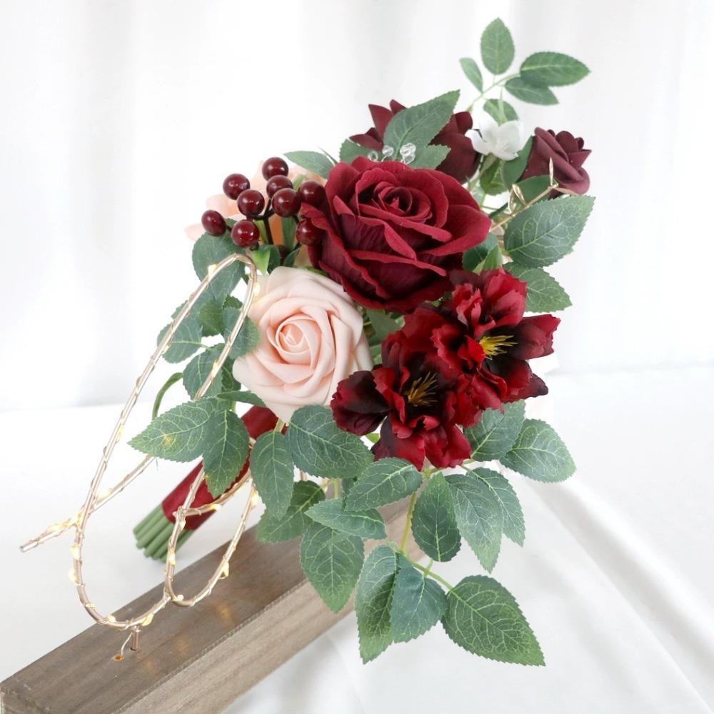 Kunstige blomster brudebukett til bruden, rustikke bryllupsbuketter til bruden Silke runde kunstige bryllupsblomster buketter