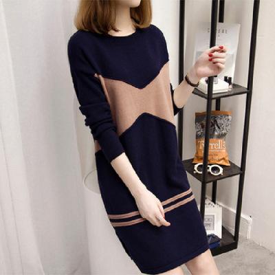 Large size women's clothing new Korean version medium and long fleece and thin sweater autumn and winter long-sleeved dress fat MM tide