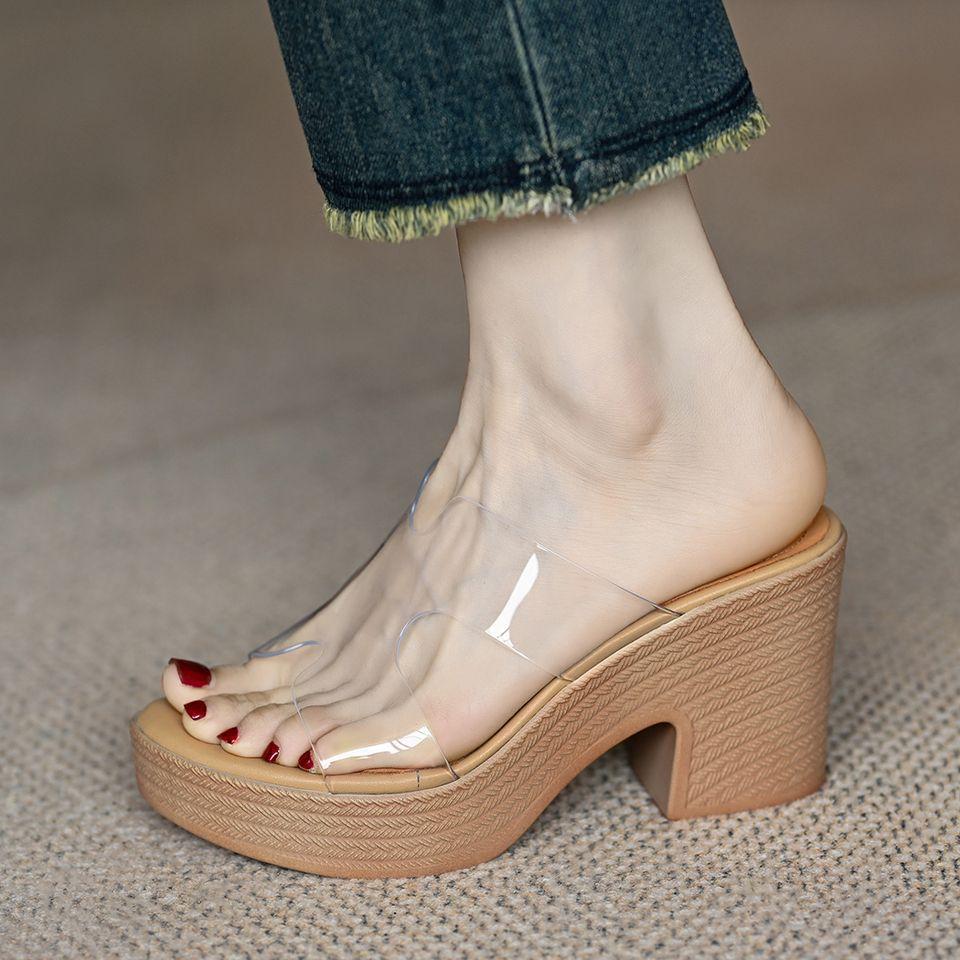 High-heeled one-word women's 2025 summer new open-toed outer wear small height-increasing thick-soled PVC transparent cool slippers