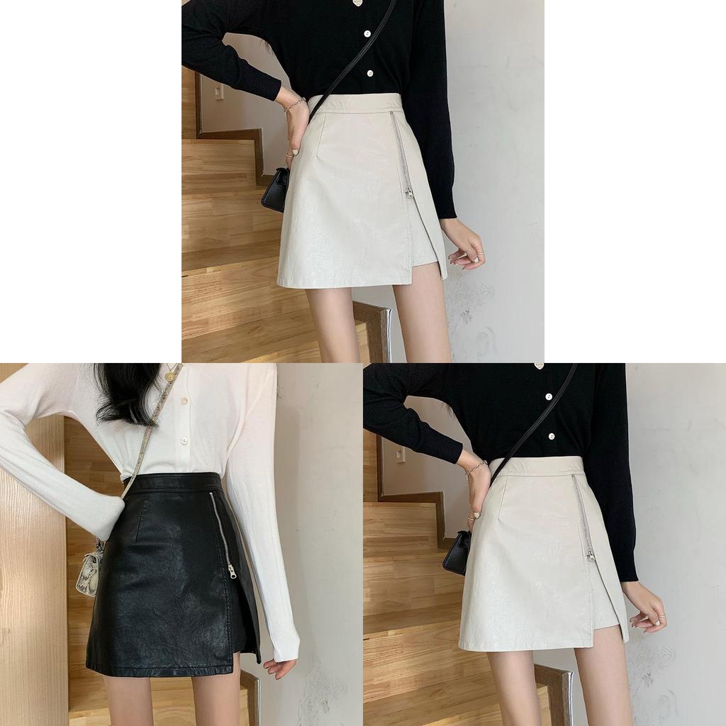 Pu Leather High Waist A Line Skirt With Zipper For Casual Womens Fall Fashion