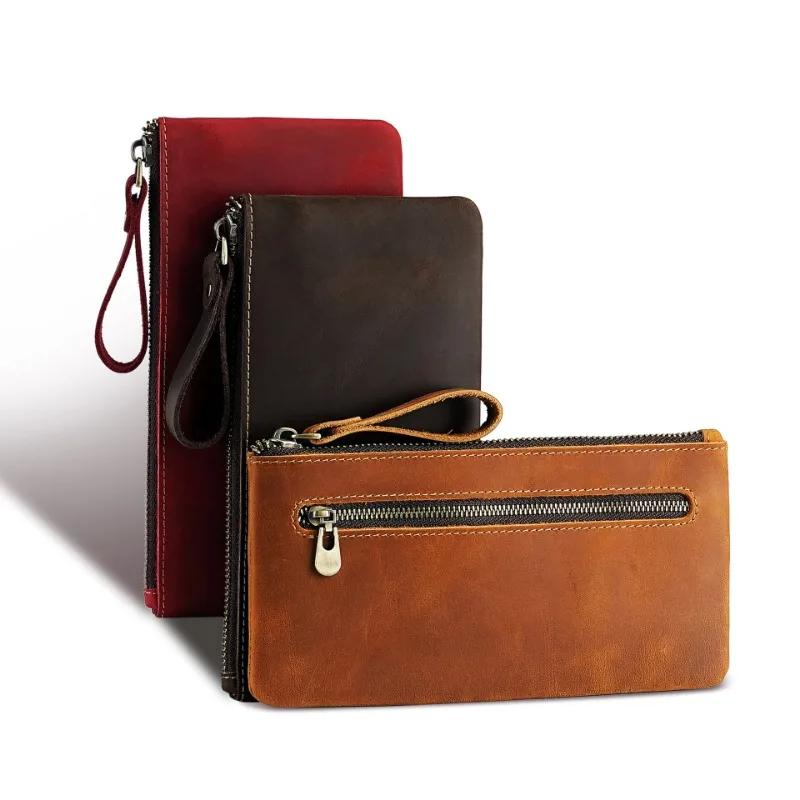 Retro Crazy Horse Leather Zipper Pen Bag Portable Large Capacity Pen Case Pencil Bag Teacher Bag Vintage Long Wallet for Men