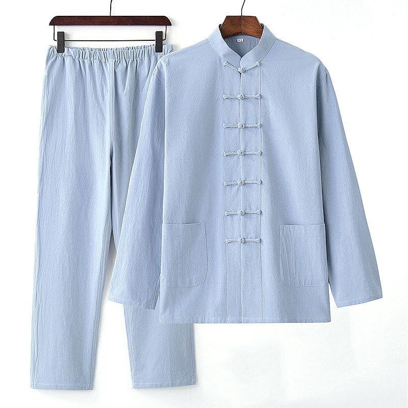 Tang Suit Men's Buddhist Chinese Style Chinese Style Clothing Cotton Linen Suit Ancient Style Two-piece Spring and Autumn Lay Clothes Elastic Waist
