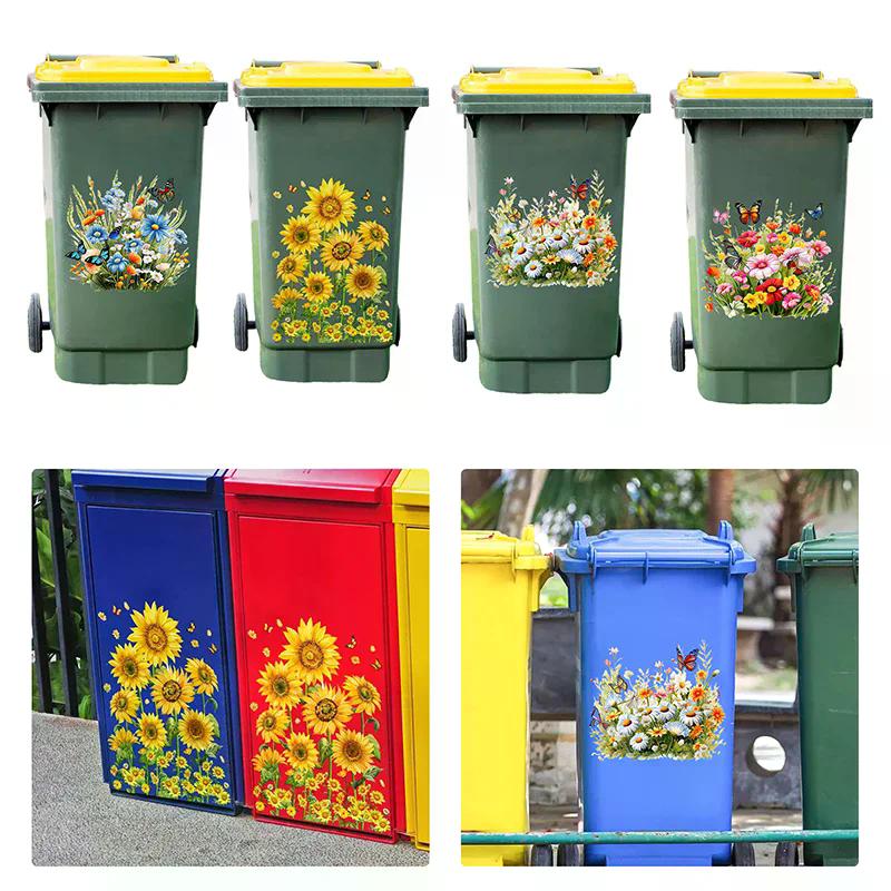 Sunflower Trash Can Stickers Floral Wheel Trash Can Stickers Self-Adhesive Waterproof PVC Decals For Walls Bathroom Home Decor