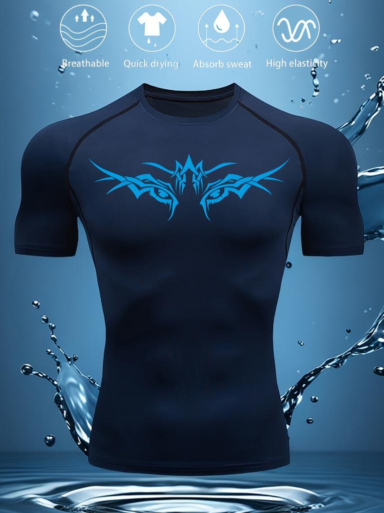 Men's Black Compression T-Shirt with Blue Tribal Geometric Print, Breathable Quick Drying Absorbent High Elasticity Gym Workout & Sports Training Top