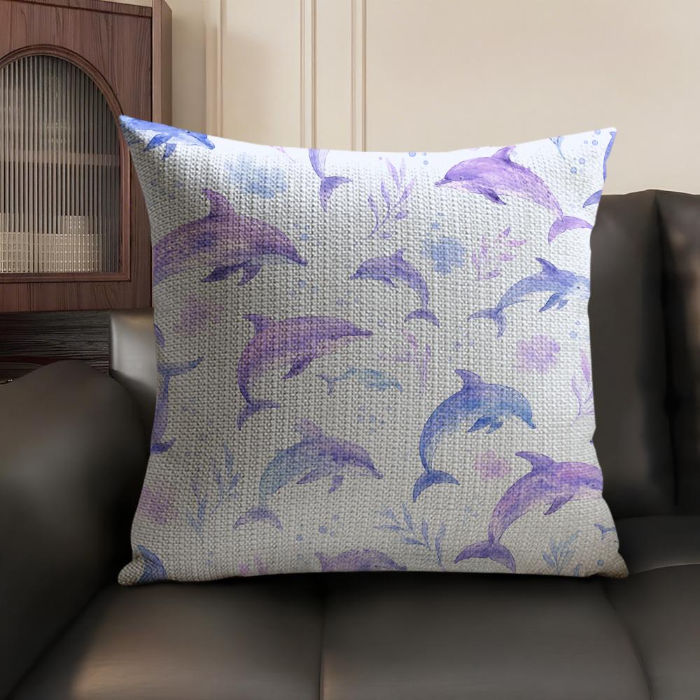 Whale Print Cushion Cover Breathable Linen Organic Fabric DoubleSided Printing Sofa Pillow Case Home Decor