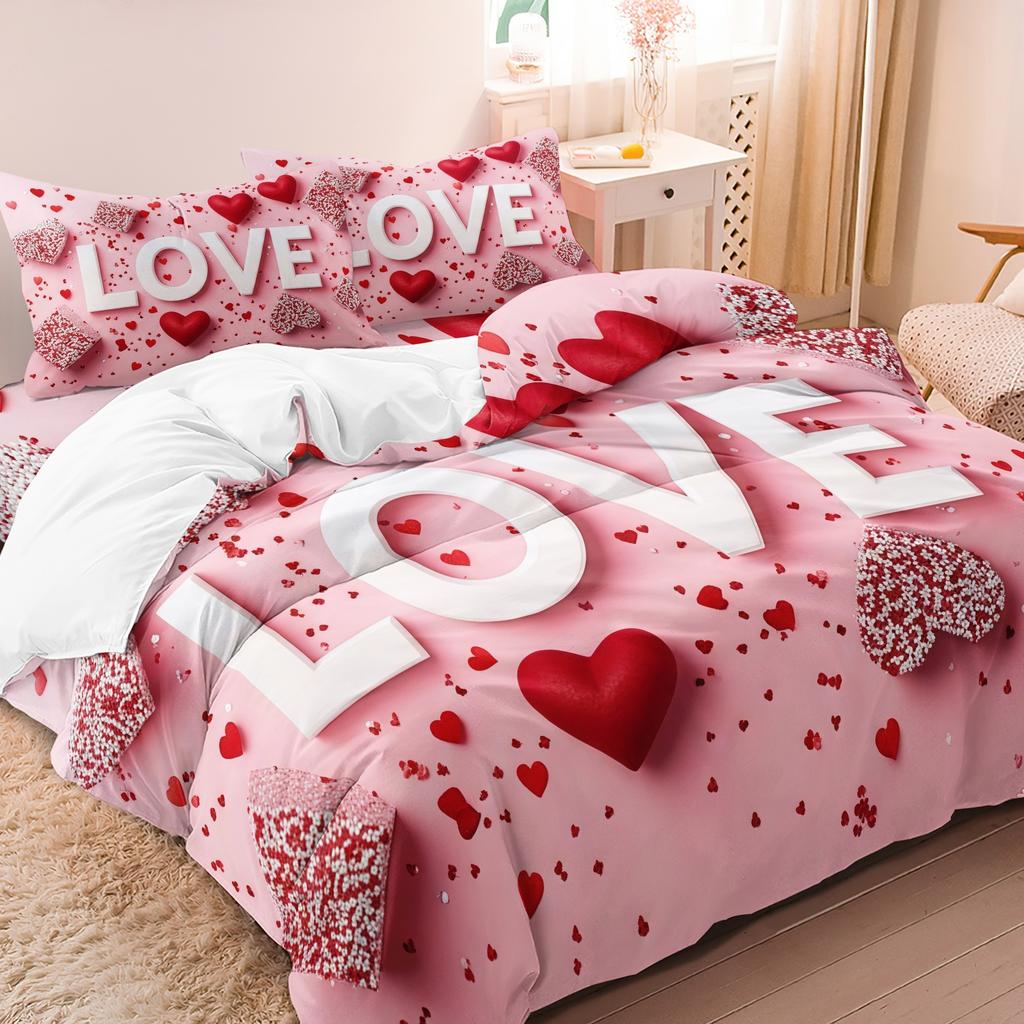 3pcs Valentine'S Day Romantic Rose Love Letter Pattern Duvet Cover Set Bedding Set Soft And Comfortable Duvet Cover Bedroom