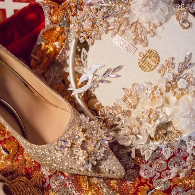 2025 new Xiuhe wedding dress two wear crystal shoes bride shoes women champagne high heels not tired feet rhinestone wedding shoes