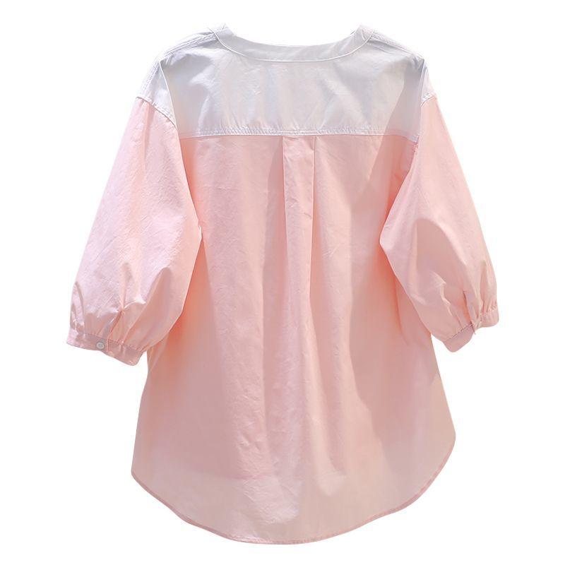 Round Neck Pure Cotton Shirt Women Summer New Fashion Design Color Matching Mid-sleeve Versatile Casual Top