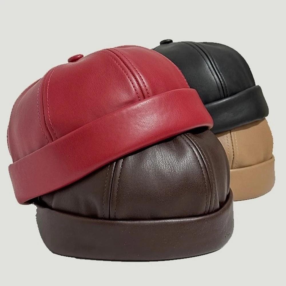 Leather Brimless Round Landlord Hat Solid Color Trendy Cap New Melon Skin Hat Unisex