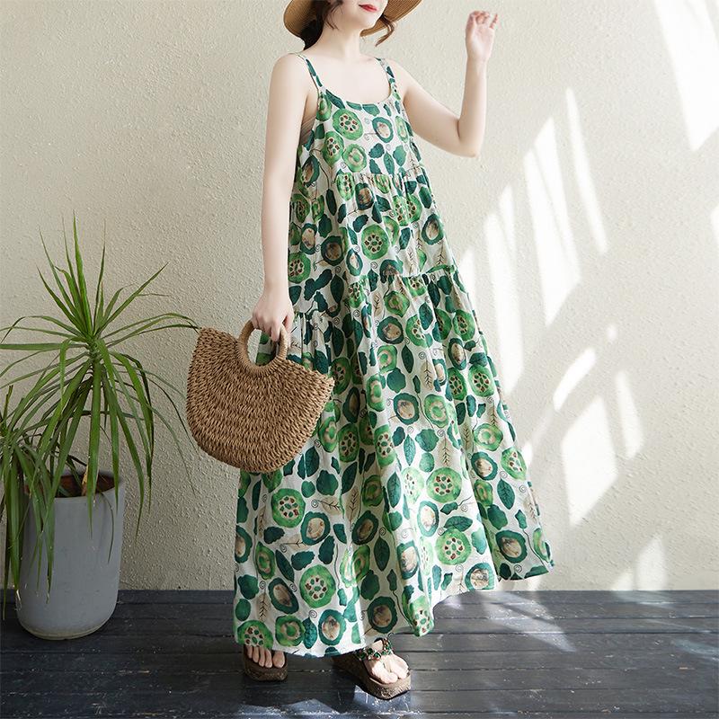2025 Summer Sleeveless Cotton Linen Patchwork Maxi Dress One Size