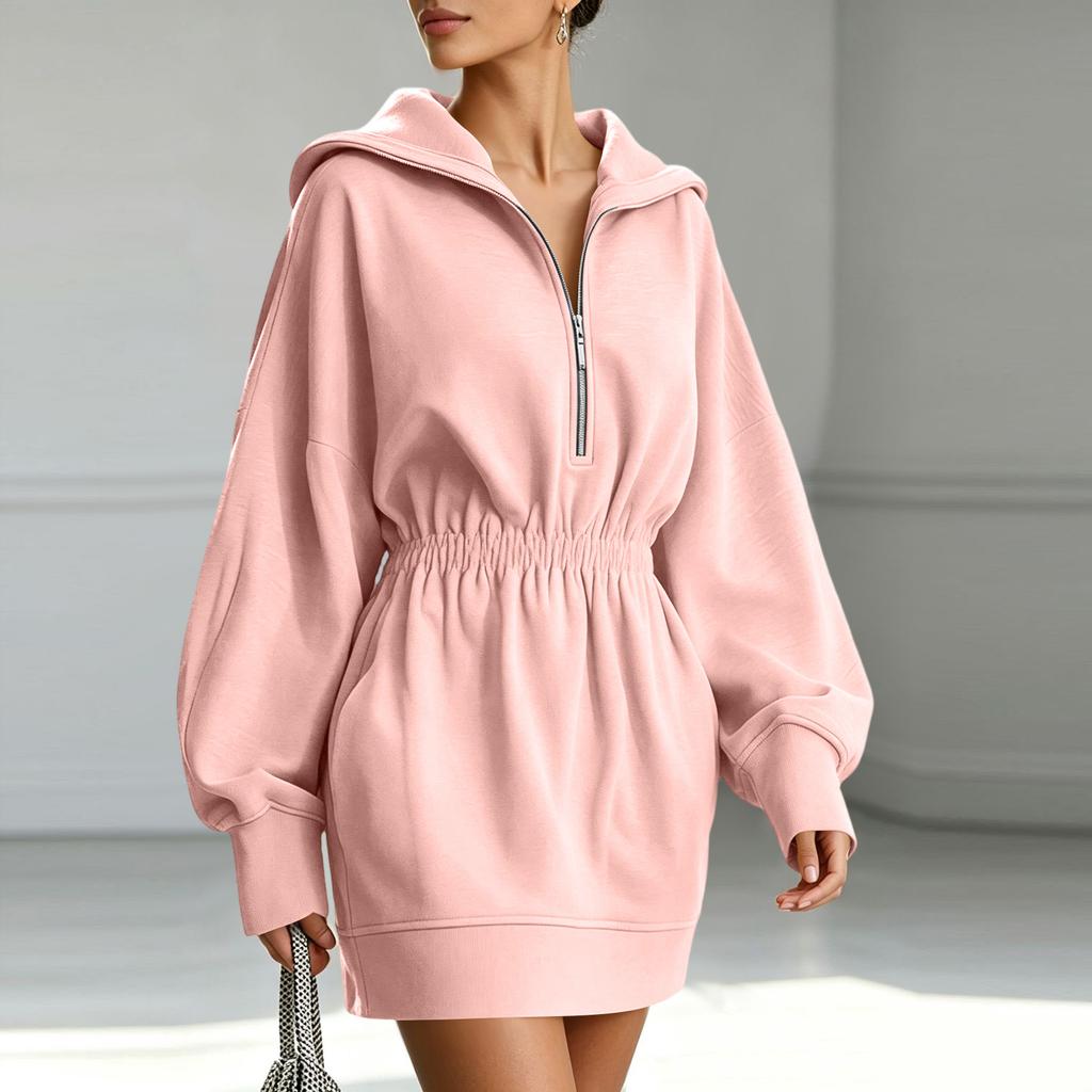 Women's Color Long Sleeve Zip Up Hoodie Dress with Waist