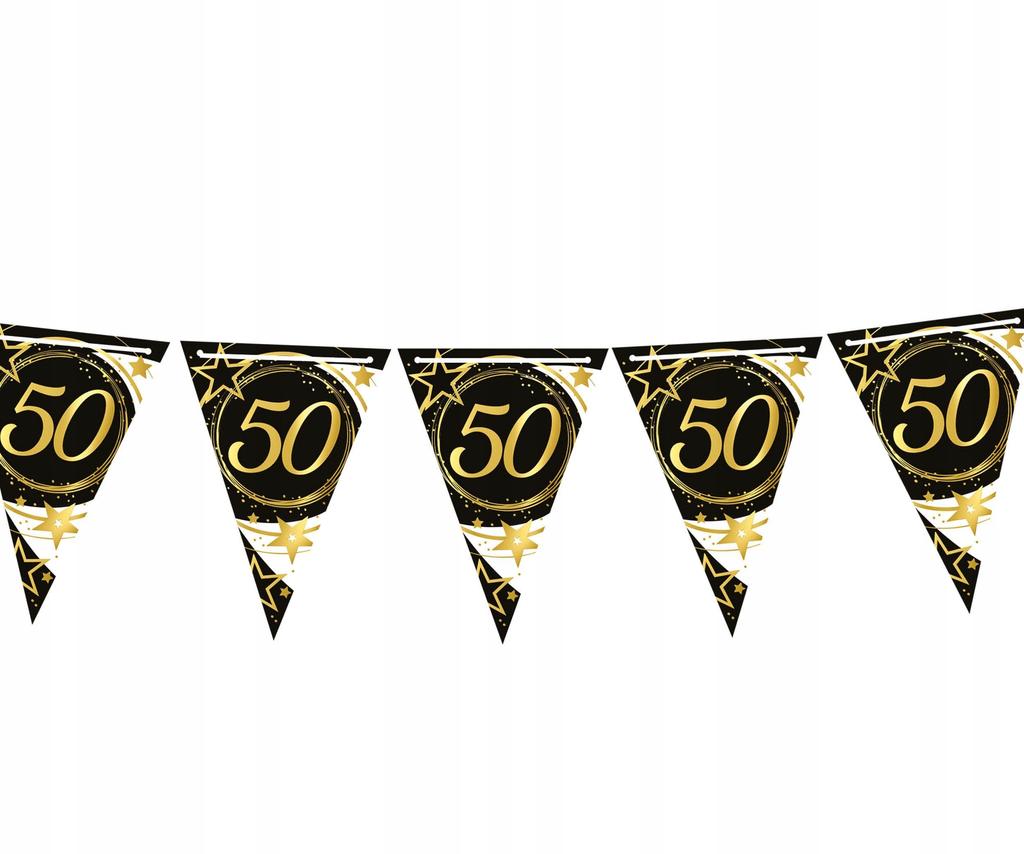 Baner Flagi Girlanda Papierowa 50 Urodziny Czarny Złoty Party 300Cm