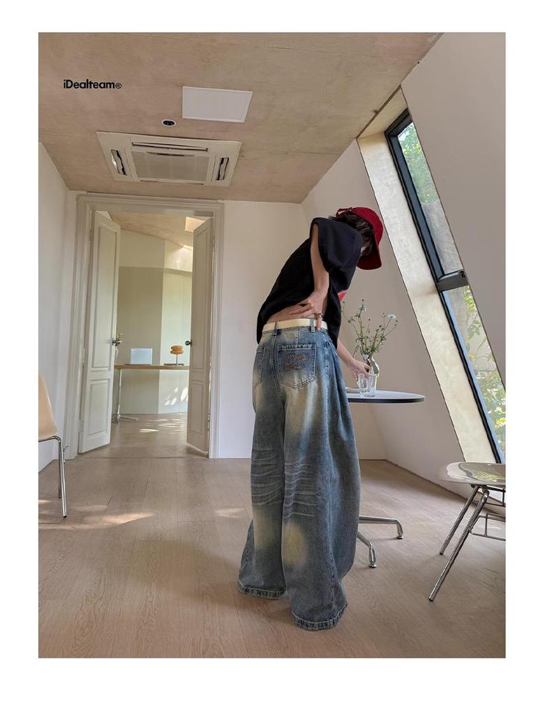 INSS Retro Washed American Style Loose Wide-Leg Denim Pants Women, Floor-Length, Spring 2026 #900501