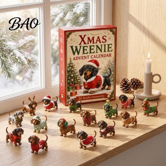Holiday Countdown Box 2026 Christmas Dachshund Advent Calendar, 3D Collectible Ornament Set Gift with 24 Mini Dog Figures, for Kids PVC Figures