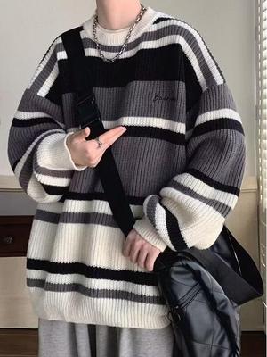 Men's Japanese Retro Color Block Stripe Knit Sweater for Autumn/Winter