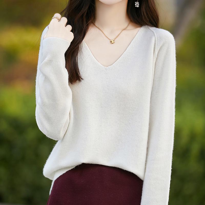 2024 Autumn/Winter Women's V-Neck Wool Knitwear - Stylish, Simple, Cozy Base Layer Sweater