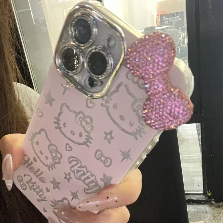 External order cartoon cute rhinestone bow KT cat suitable for iPhone17 mobile phone case Apple 16 luxury protective case
