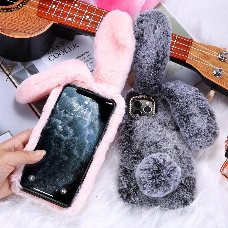 Custodia Peluche Coniglio Per Redmi Note 11T PRO - Cover Morbida Con Orecchie E Strass, Bianco E Grigio