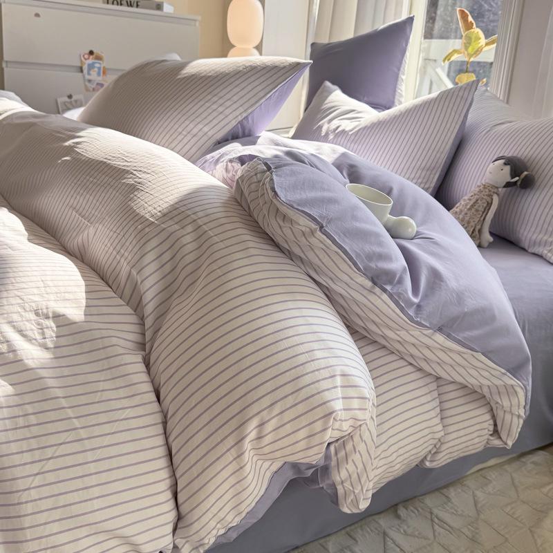 Ins Style Cotton Brushed Stripe Bedding Set: Skin-Friendly Bed Sheet, Duvet Cover, and Bed Skirt for Student Dorms