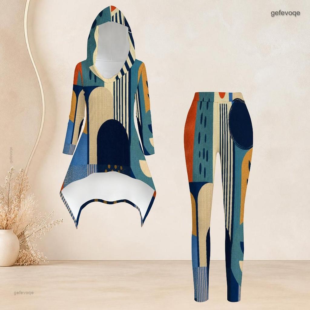 Women Plus Size Hooded Long Sleeve Abstract Print High Low Top Fitted Pants Two Piece Set