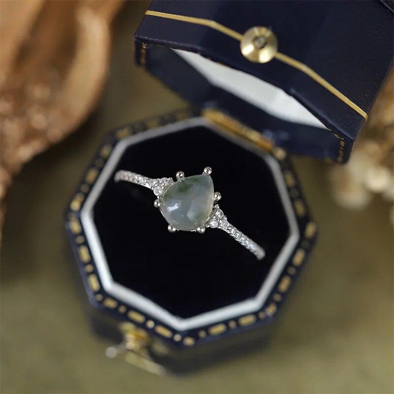 Luxury  Natural Stone Texture Different Green Moss Grass Agate Vouple Ring For Women Sterling Silver Engagement Gift Jewelry