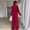 2024 Autumn Women's Solid Color Two-Piece Set: Turn-Down Collar Top & High-Waisted Long Pants