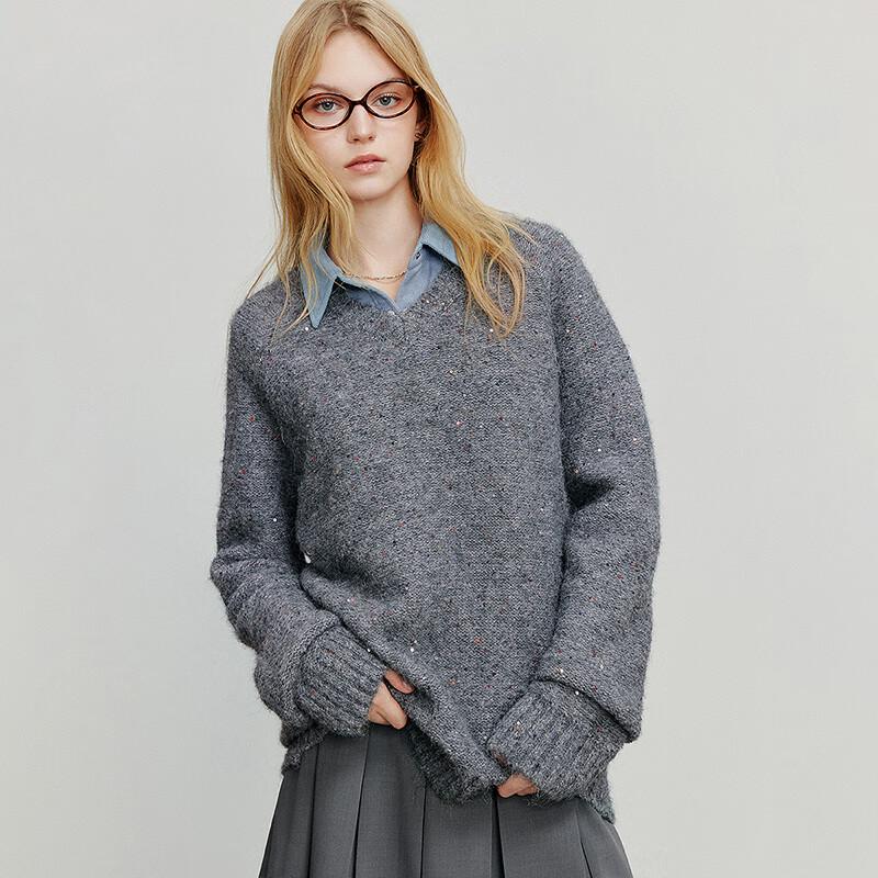 Chuyu Women's Loose V-Neck Sequin Wool Blend Knit Sweater