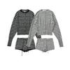 Kaslead New Women clothes Western Style Fashion Simple Stripe Cardigan sweater Leisure Shorts Set