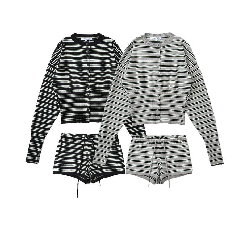 Kaslead New Women Clothes Western Style Fashion Simple Stripe Cardigan Sweater Leisure Shorts Set