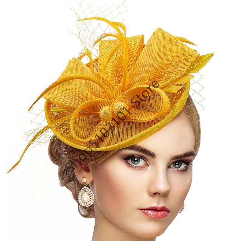 Vintage Exquisite Feathers Fascinator Hat Bowknot Elegant Tea Party Mesh Hair Band Sweet Hair Hoop Bride Headdress Dance Show