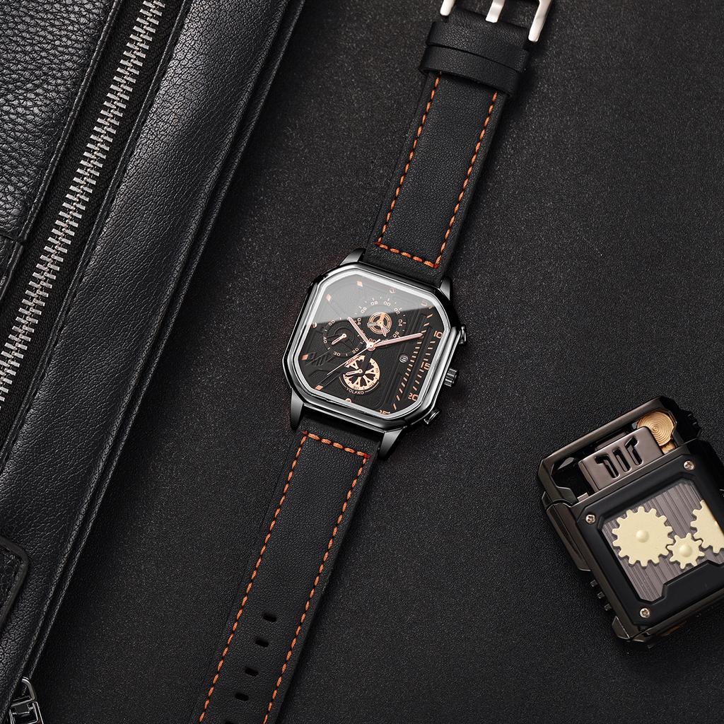 2PCS/Set Men Business Watches Fashion Square Quartz Watch With Calendar for Mens Clock Reloj Hombre