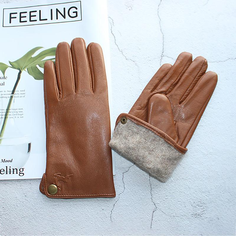 Goatskin Deerskin Gloves Men's Autumn Thin Wool Winter Plus Cashmere Cold and Warm Yellow-Brown Finger Leather Gloves
