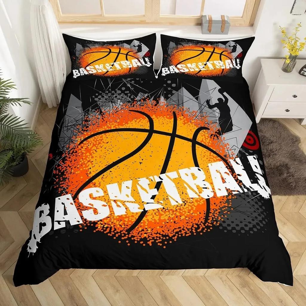 Boys Basketball Duvet Cover Set Black 3D Ball Sports Bedding Set For Boys Men Basketball Court Competitive Games Comforter Cover