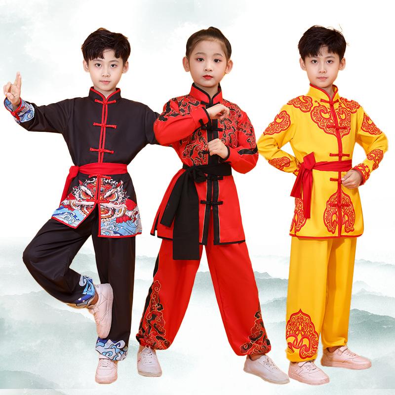 Chinese Kung Fu Uniform Two-piece Set Boy Children Perform Wushu Sets Boy Collar Long Sleeve Shirt + Trousers Tai Chi