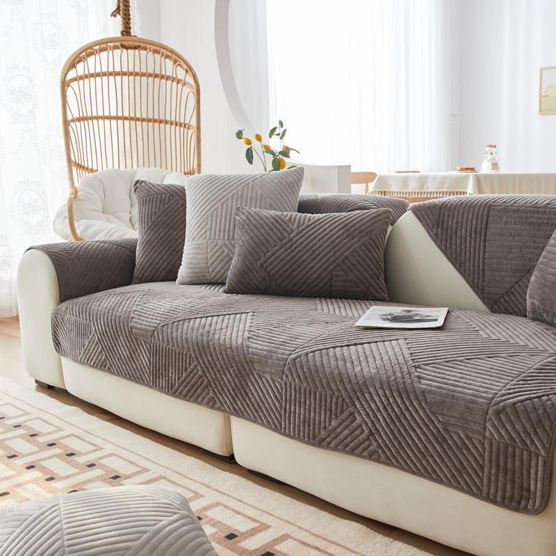 Plush Geometry Stripe Sofa Covers Non-Slip Sofa Mat Solid Color Sofas Towel Couch Slipcover Pad for Living Room Thick Protection